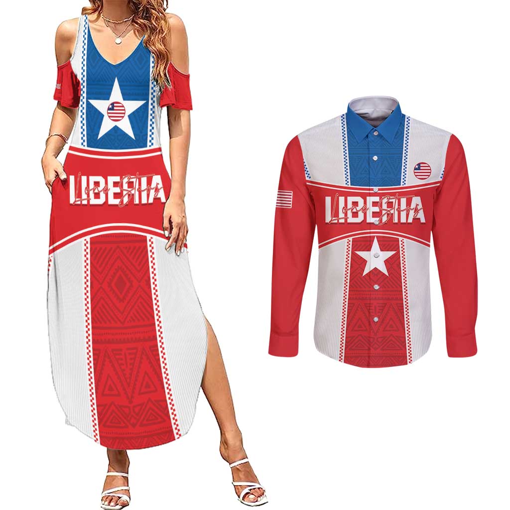 Custom Liberia Football Couples Matching Summer Maxi Dress and Long Sleeve Button Shirt Go Lone Stars - Sporty Style - Wonder Print Shop