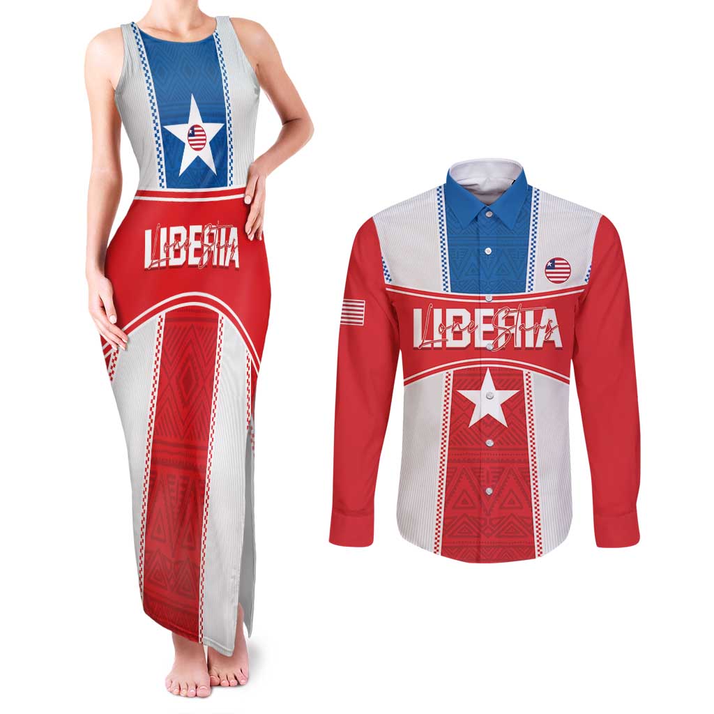 Custom Liberia Football Couples Matching Tank Maxi Dress and Long Sleeve Button Shirt Go Lone Stars - Sporty Style - Wonder Print Shop