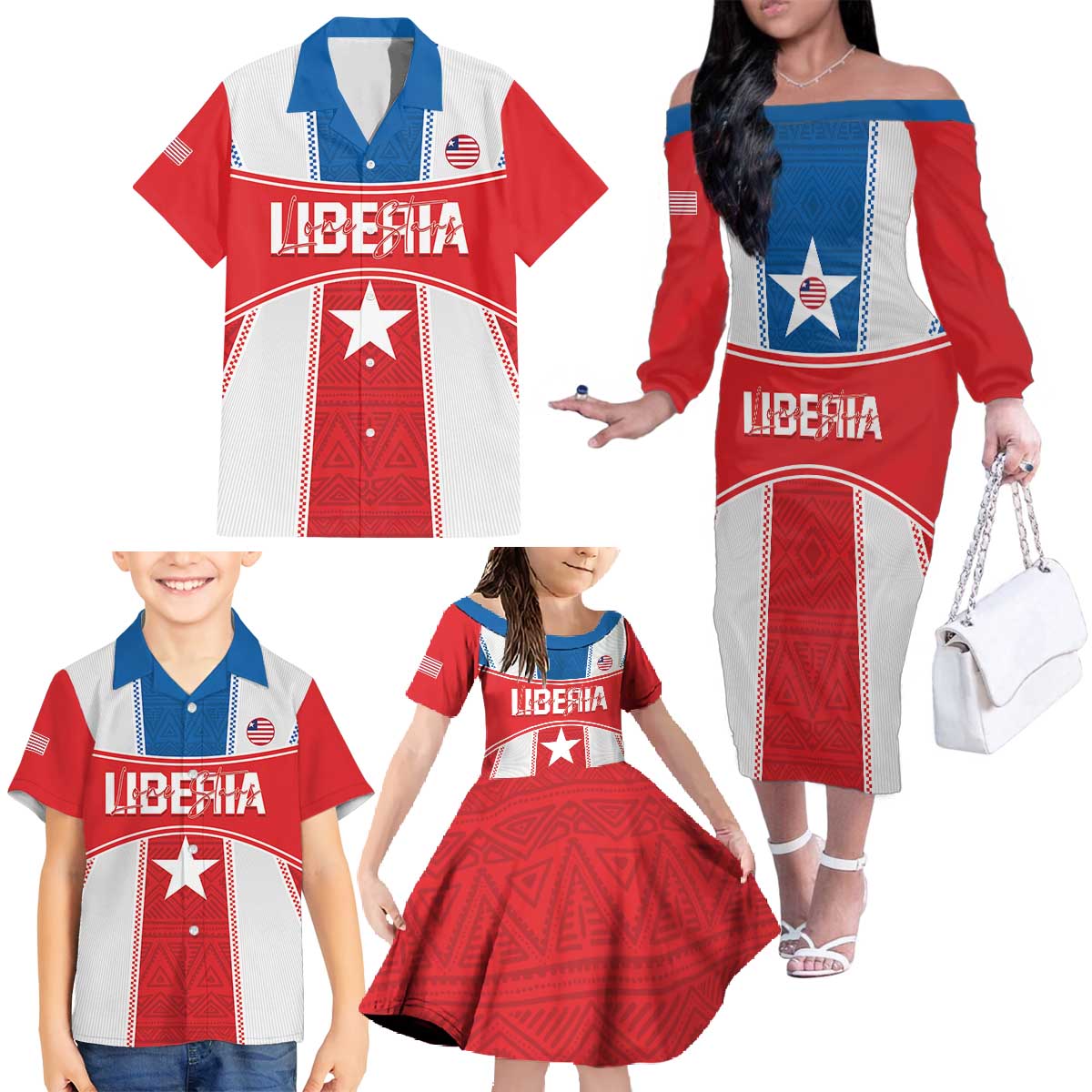 Custom Liberia Football Family Matching Off The Shoulder Long Sleeve Dress and Hawaiian Shirt Go Lone Stars - Sporty Style - Wonder Print Shop