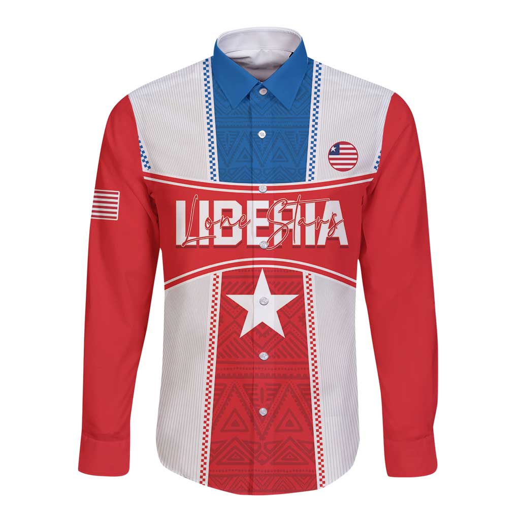 Red and white long-sleeve button-up football shirt with blue yoke and Liberia crest