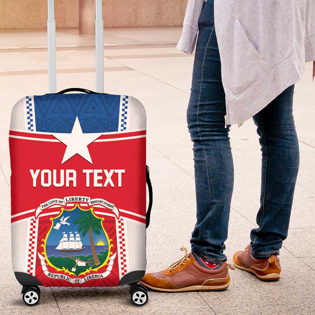 Red and blue Liberia flag luggage cover with large white star and custom text
