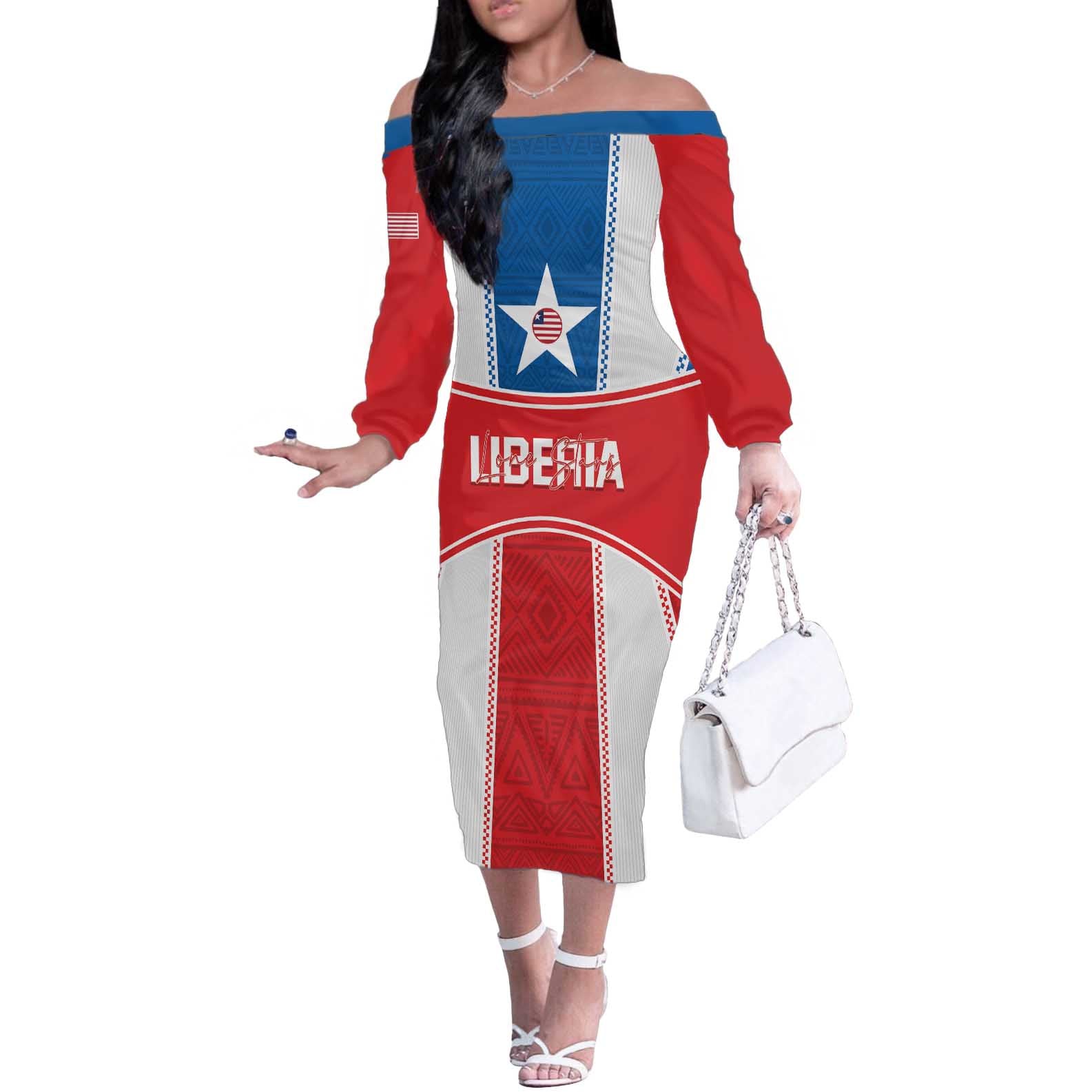 Custom Liberia Football Off The Shoulder Long Sleeve Dress Go Lone Stars - Sporty Style - Wonder Print Shop