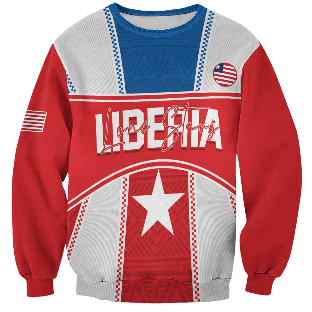Red and gray football sweatshirt with blue yoke, Lone Star graphic, and Liberia badge