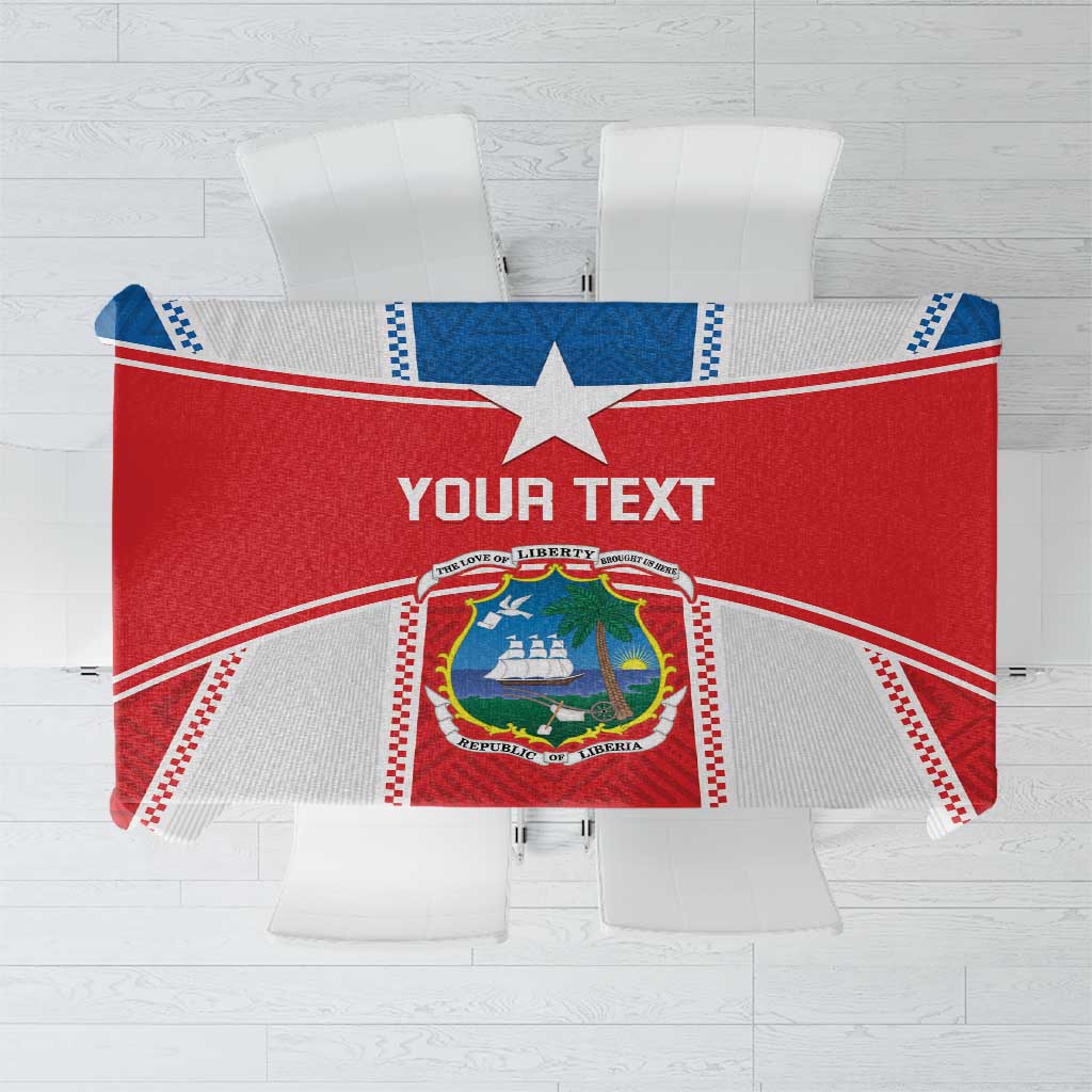 Red tablecloth with Liberia-themed star and flag style border, custom text area center