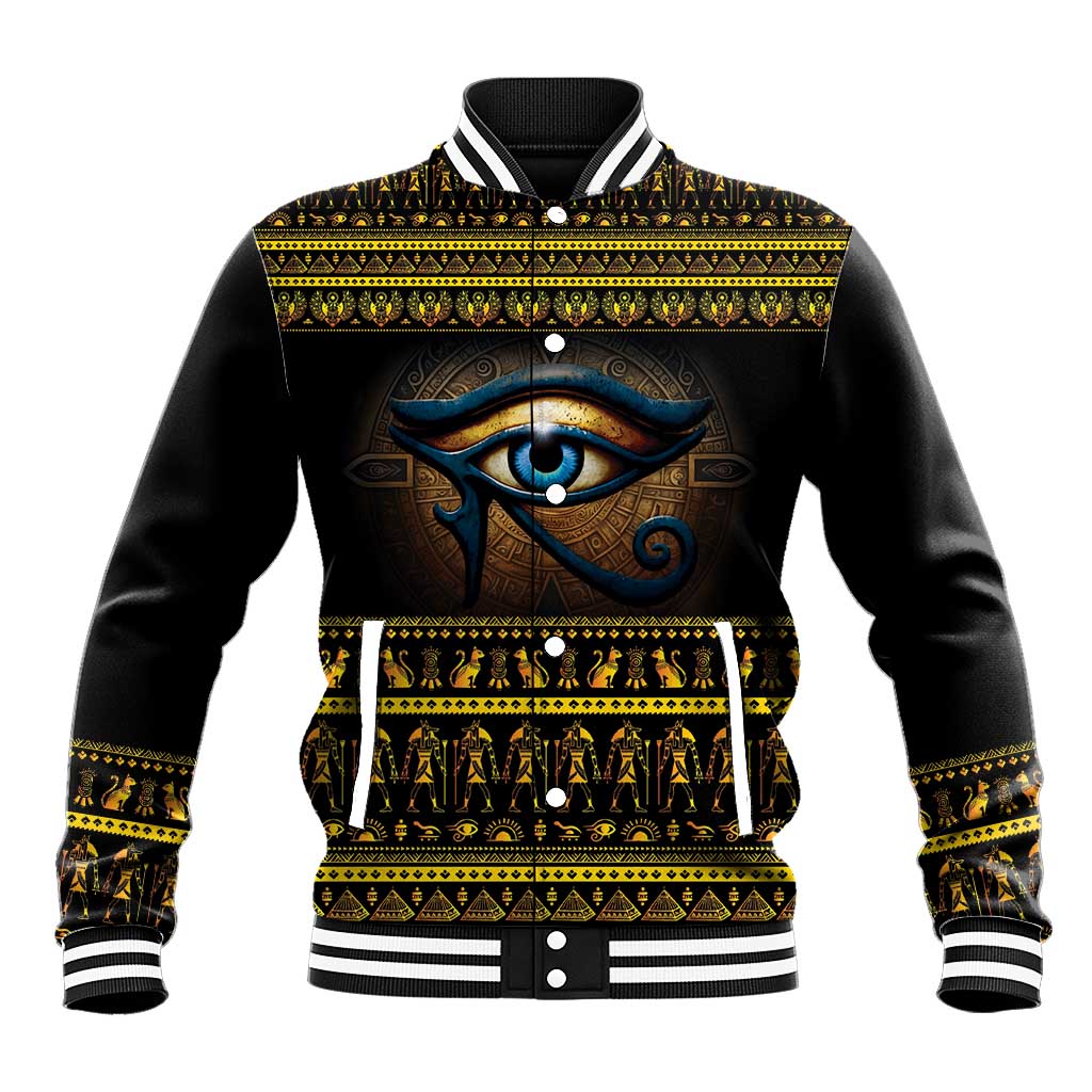 Black baseball jacket with large blue eye graphic and patterned hem stripes