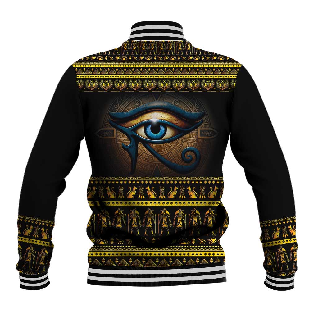 Black baseball jacket with blue eye graphic on back and patterned band cuffs