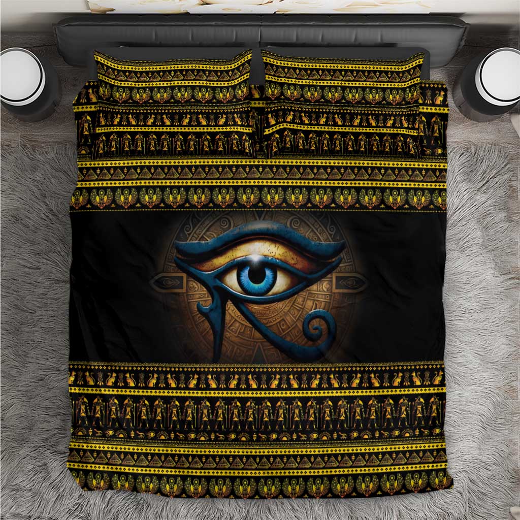 Black duvet cover bedding with blue Eye of Ra and gold pattern border