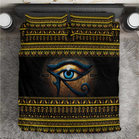 Black duvet cover bedding with blue Eye of Ra and gold pattern border