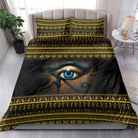 Black duvet cover with blue Eye of Ra center, gold geometric borders, with pillows