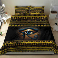 Black duvet cover featuring blue Eye of Ra and repeating gold stripe border