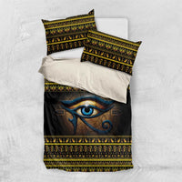 Black bedding set with blue Eye of Ra panel and gold pattern, includes two pillowcases