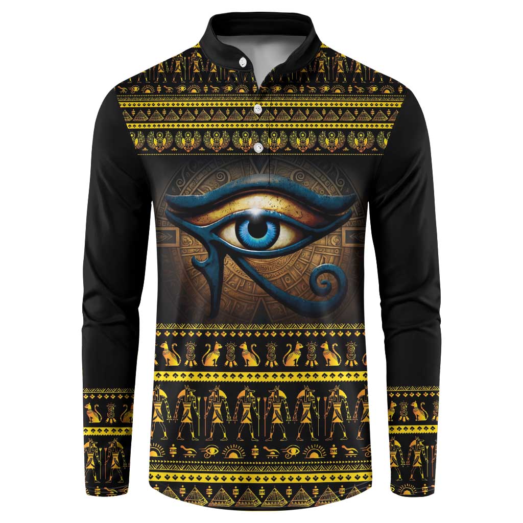 Black long-sleeve button henley sweatshirt with Egyptian eye graphic and gold patterned trim