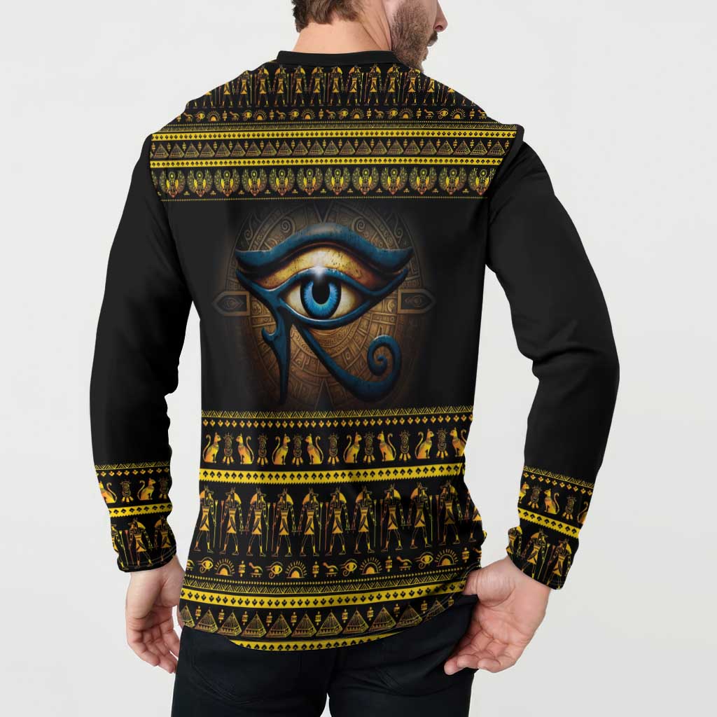 Black long-sleeve button henley sweatshirt with large Egyptian eye back print and gold trim