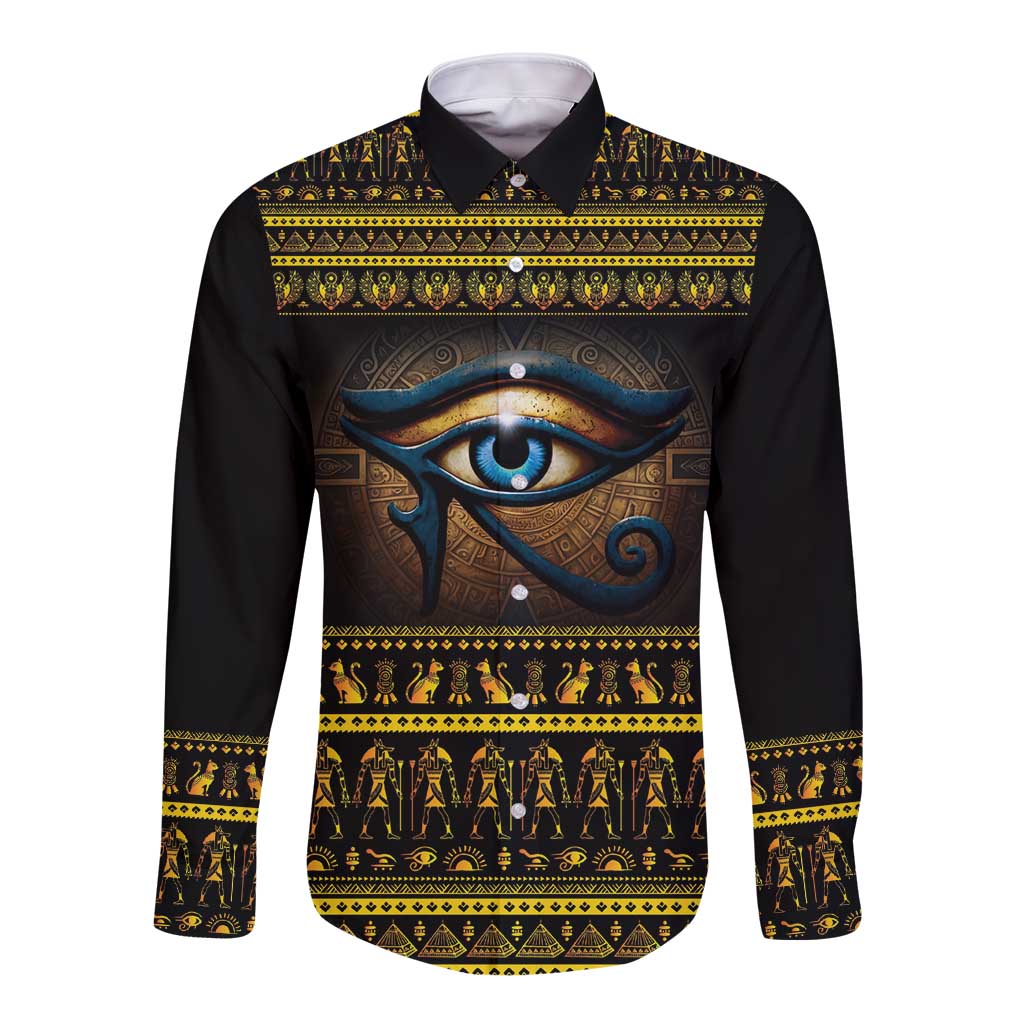 Black long-sleeve button shirt with blue Eye of Ra front graphic and gold border