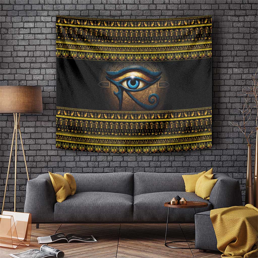 Black tapestry with blue Eye of Ra and ornate gold border trim