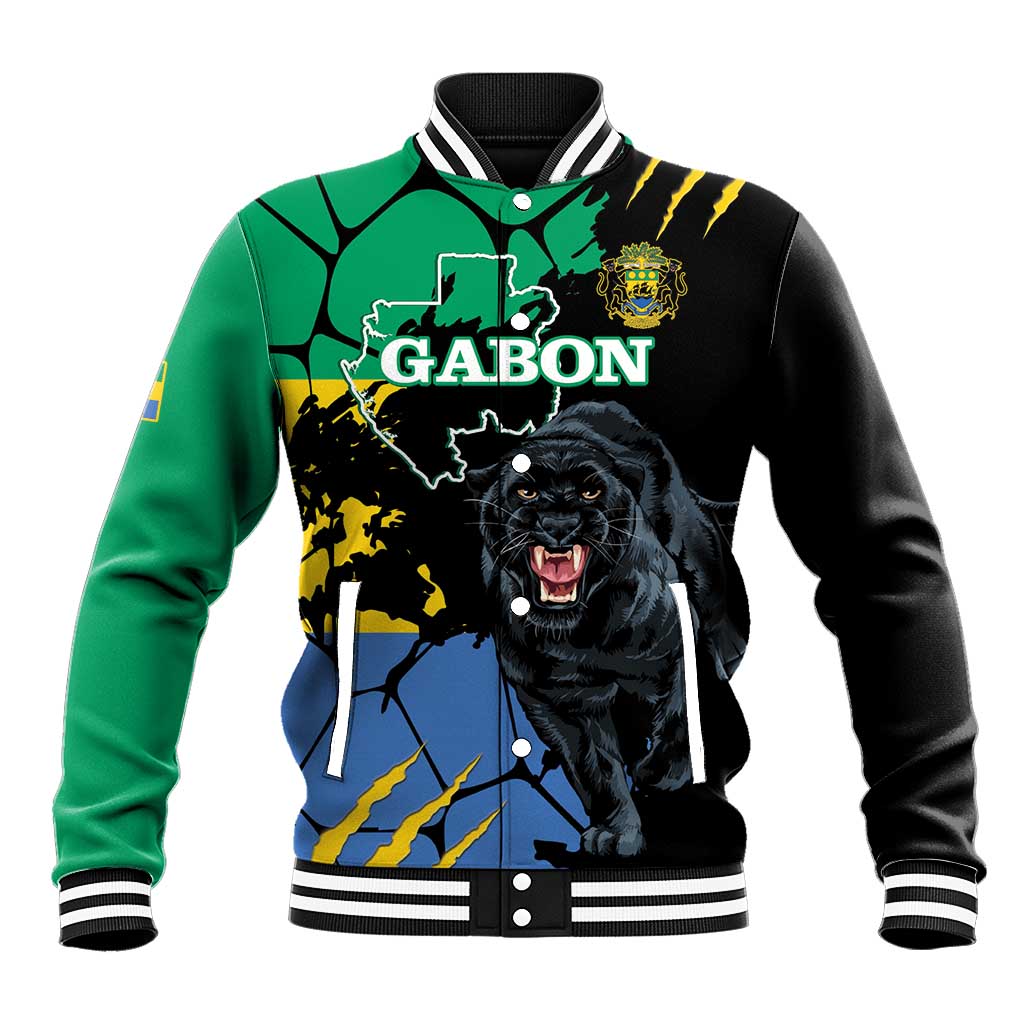 Black and green baseball jacket with ribbed trim, Gabon map and roaring panther graphic