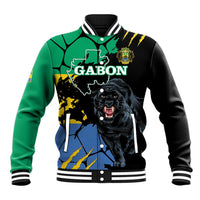 Black and green baseball jacket with ribbed trim, Gabon map and roaring panther graphic