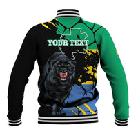 Black and green baseball jacket with ribbed trim, back Gabon map and panther graphic, YOUR TEXT