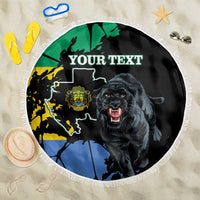 Round black beach blanket with fringe, black panther and map design with 'YOUR TEXT'