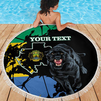 Round beach blanket with fringe, map and roaring black panther graphic with 'YOUR TEXT'
