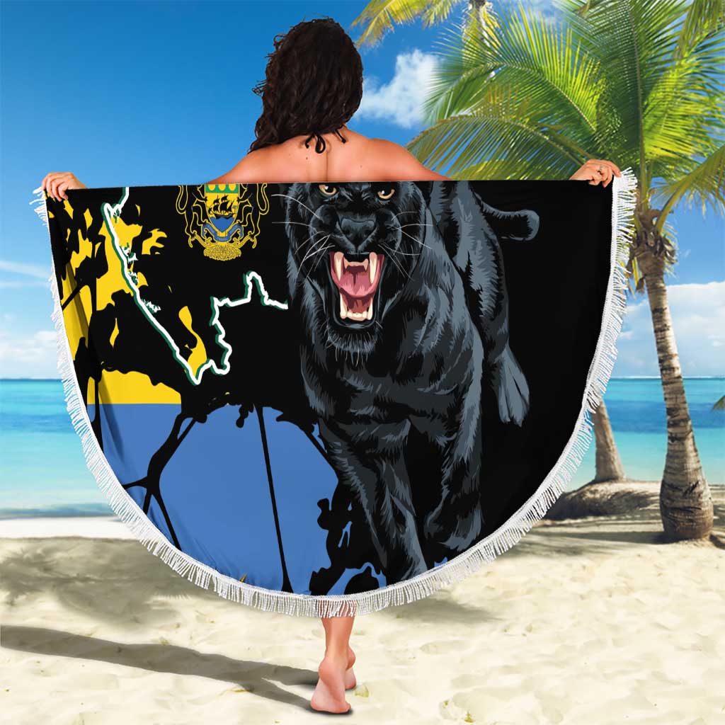 Round beach blanket with fringe, bold panther head and map graphic, 'YOUR TEXT' center