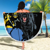 Round beach blanket with fringe, bold panther head and map graphic, 'YOUR TEXT' center