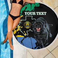 Round black beach blanket with fringe, map and black panther artwork with 'YOUR TEXT'