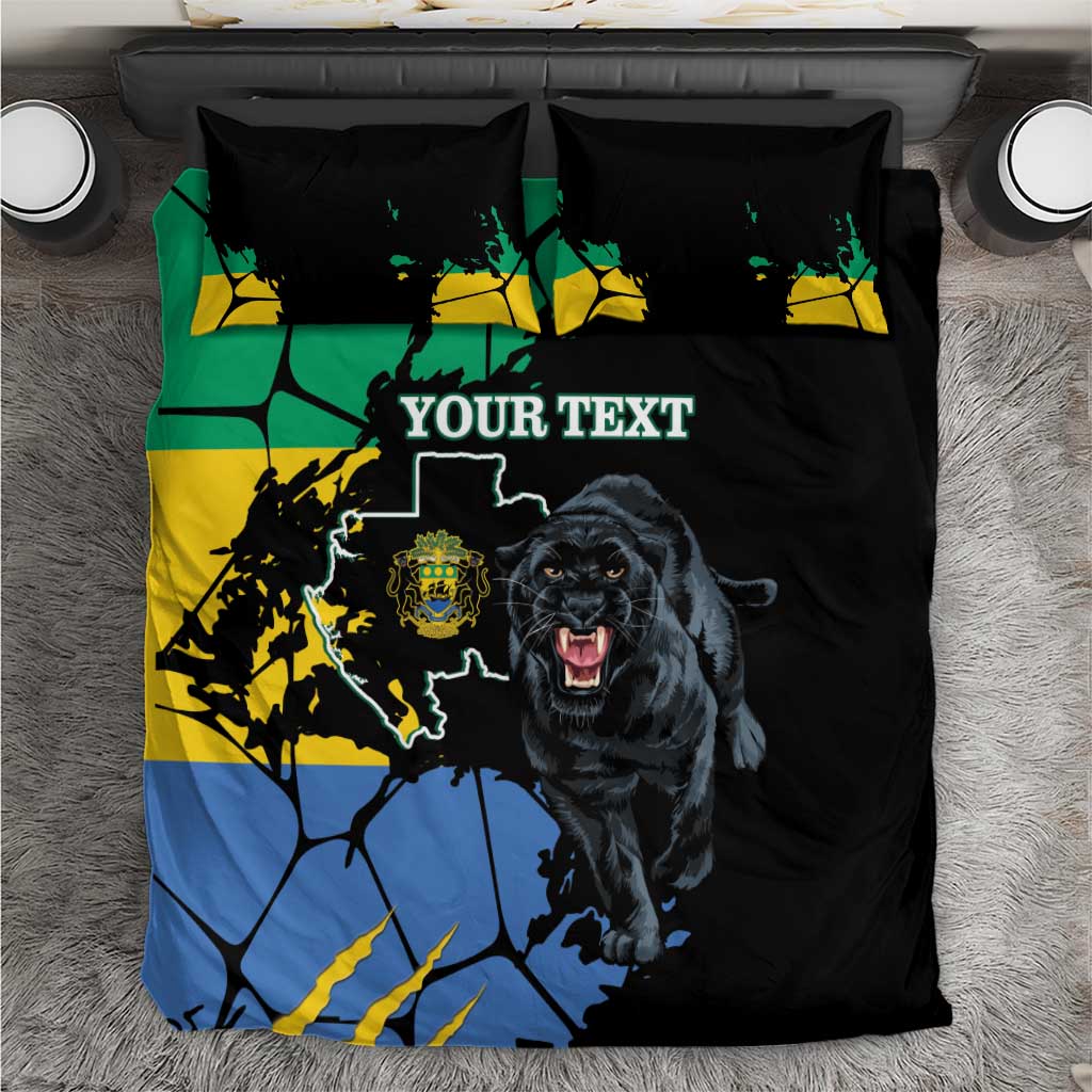 Black duvet cover and pillow set with roaring black panther, custom text, map graphics