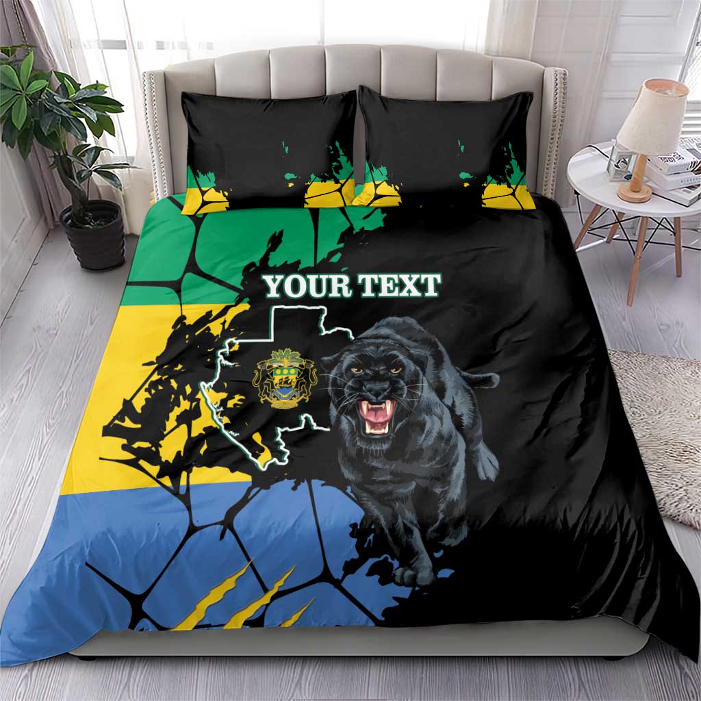 Black duvet cover and pillow set with roaring black panther, custom text, green-yellow-blue map