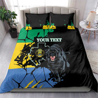 Black duvet cover and pillow set with roaring black panther, custom text, green-yellow-blue map