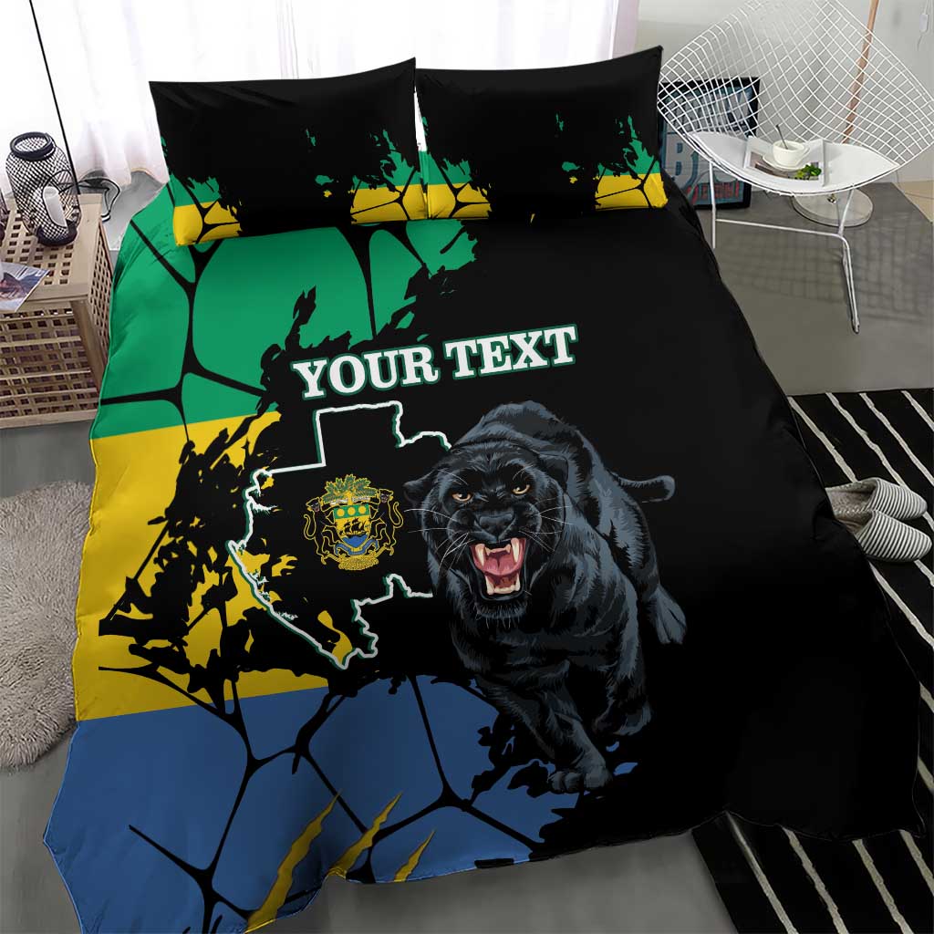 Black duvet cover and pillow set with roaring black panther, custom text, green-yellow-blue map