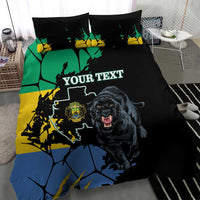 Black duvet cover and pillow set with roaring black panther, custom text, green-yellow-blue map