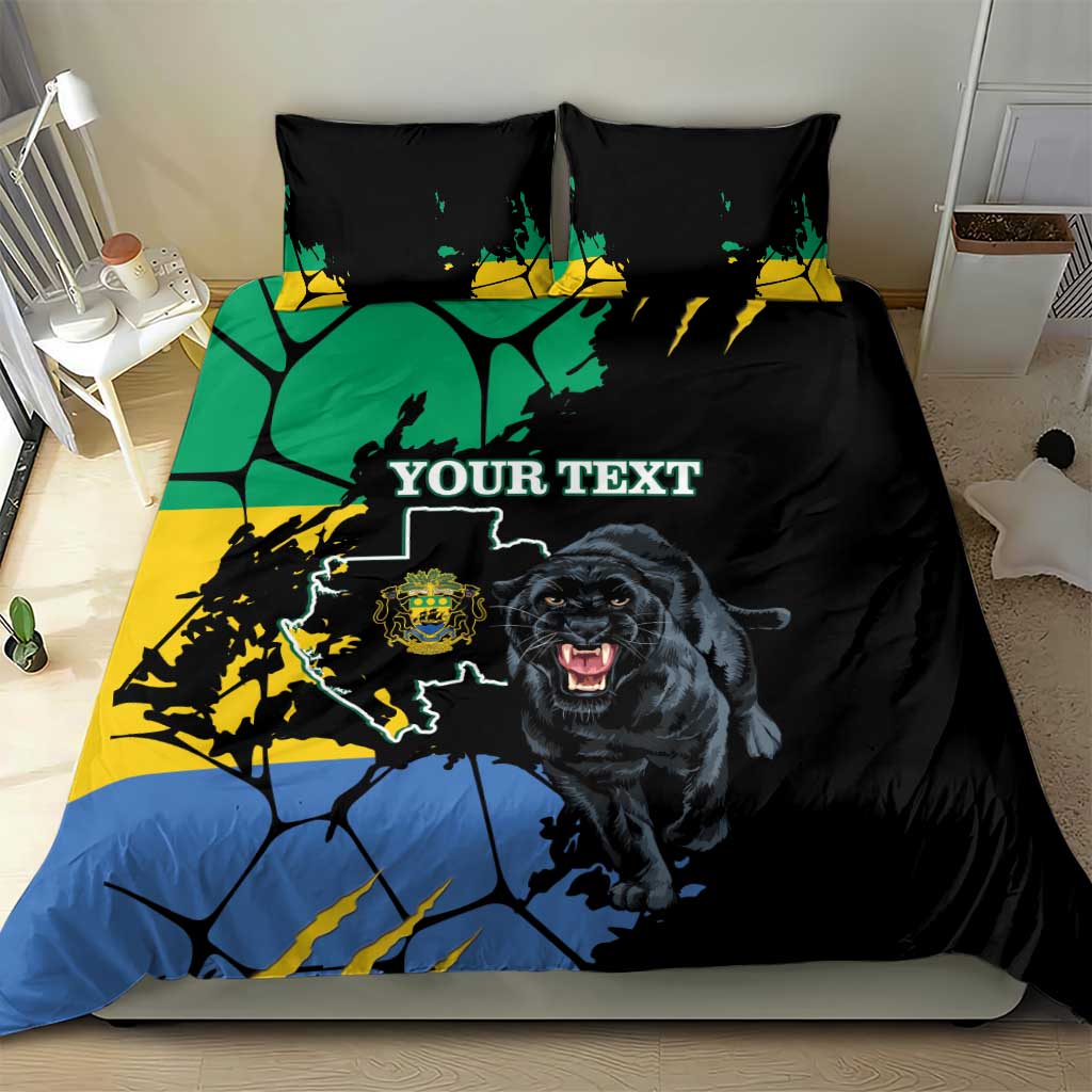Black duvet cover and pillow set with roaring black panther, custom text, stained map design