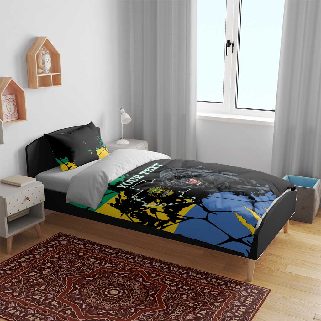 Black duvet cover and pillow set with roaring black panther, custom text, map graphic accents