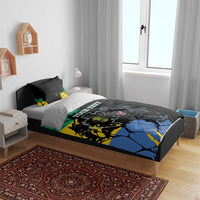 Black duvet cover and pillow set with roaring black panther, custom text, map graphic accents