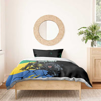 Black duvet cover with custom-text area and roaring black panther over map graphic design