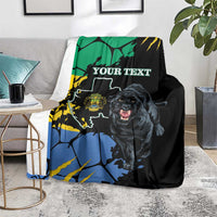 Black panther-themed throw blanket with blue/green map art and “YOUR TEXT”