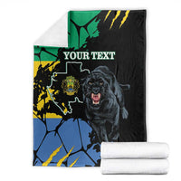Black personalized blanket with panther and map design in blue, green, yellow; “YOUR TEXT”