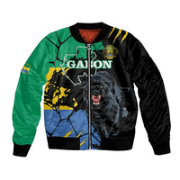 Black bomber jacket with Gabon map and roaring panther graphic, full-zip front