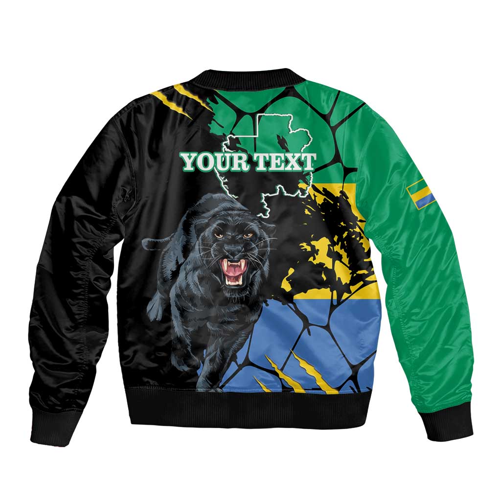 Black bomber jacket with Gabon map and panther, customizable 'YOUR TEXT' print