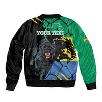 Black bomber jacket with Gabon map and panther, customizable 'YOUR TEXT' print