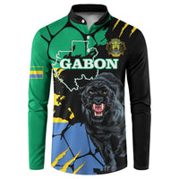 Multicolor long-sleeve button sweatshirt with Gabon text and roaring panther graphic