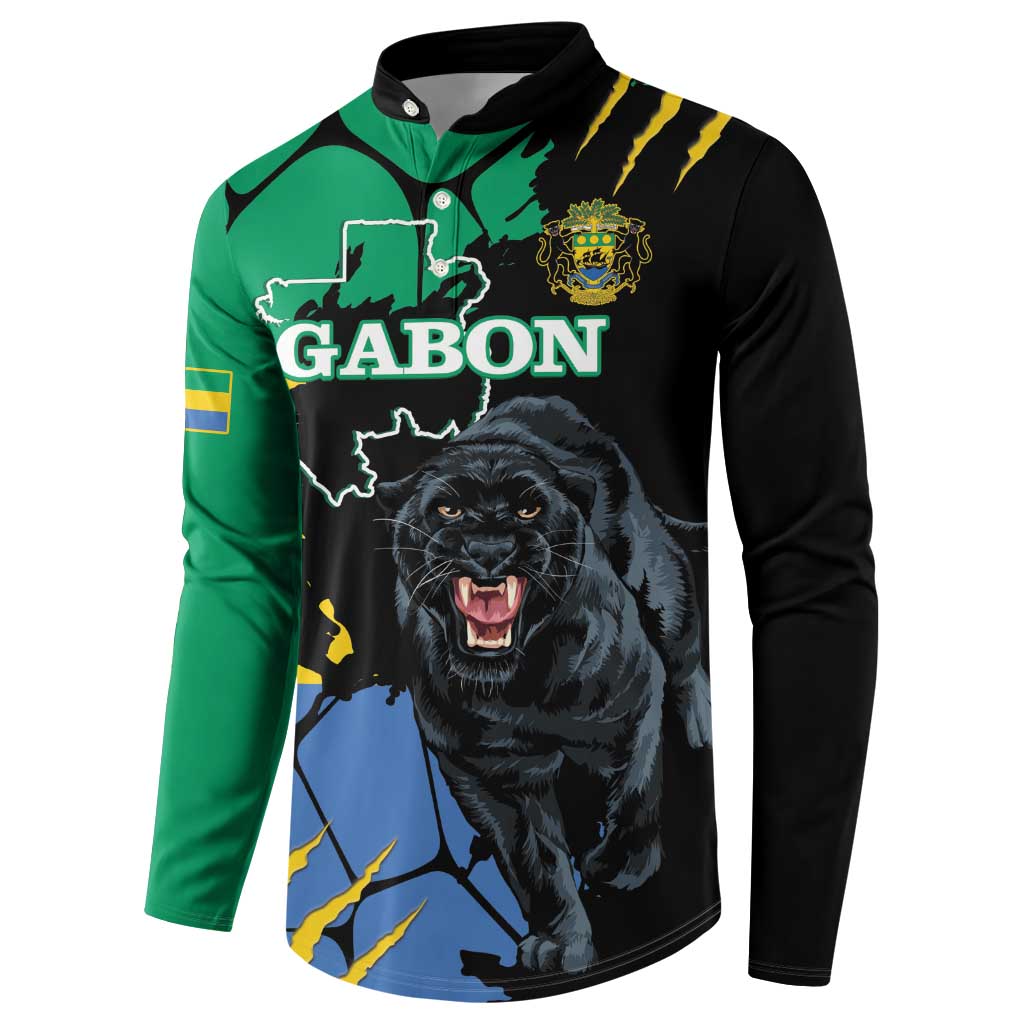 Long-sleeve button sweatshirt with green/black panels and Gabon logo plus panther graphic