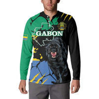 Long-sleeve button sweatshirt with Gabon text, crest, and roaring panther illustration