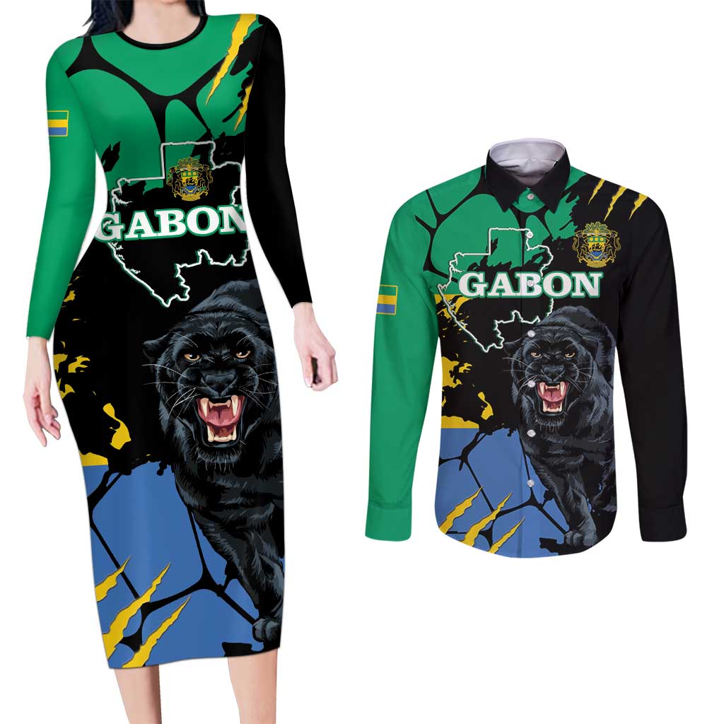 Personaliszd Gabon Couples Matching Long Sleeve Bodycon Dress and Long Sleeve Button Shirt Gabonese Black Panther With Map - Wonder Print Shop