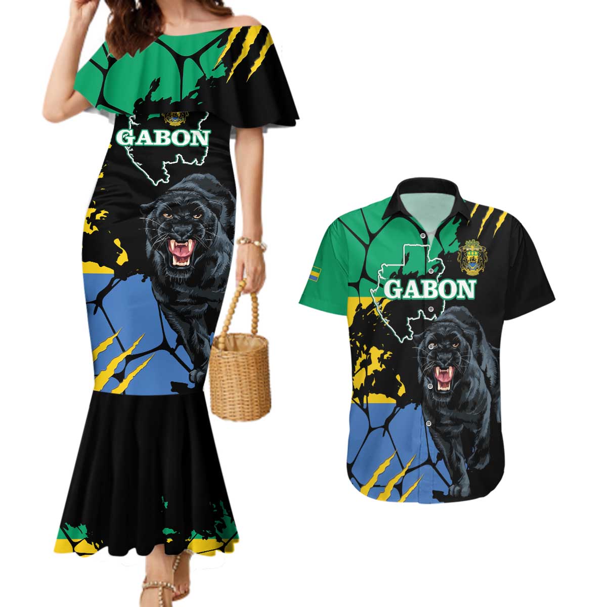 Personaliszd Gabon Couples Matching Mermaid Dress and Hawaiian Shirt Gabonese Black Panther With Map - Wonder Print Shop