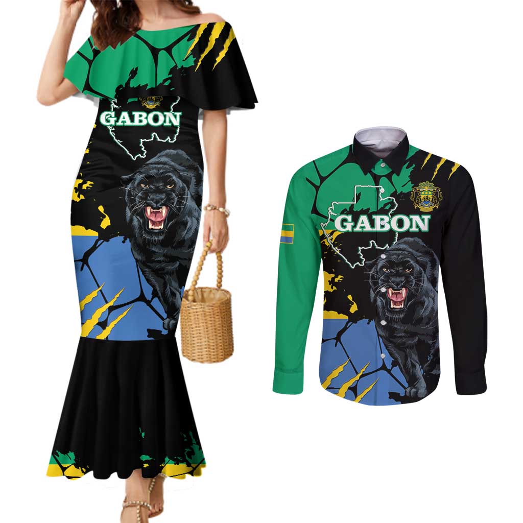 Personaliszd Gabon Couples Matching Mermaid Dress and Long Sleeve Button Shirt Gabonese Black Panther With Map