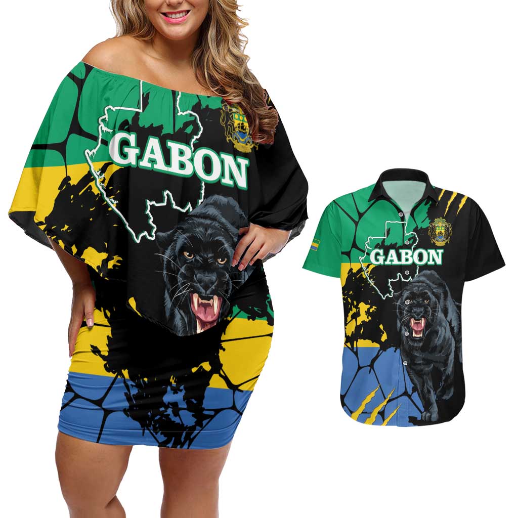 Personaliszd Gabon Couples Matching Off Shoulder Short Dress and Hawaiian Shirt Gabonese Black Panther With Map - Wonder Print Shop