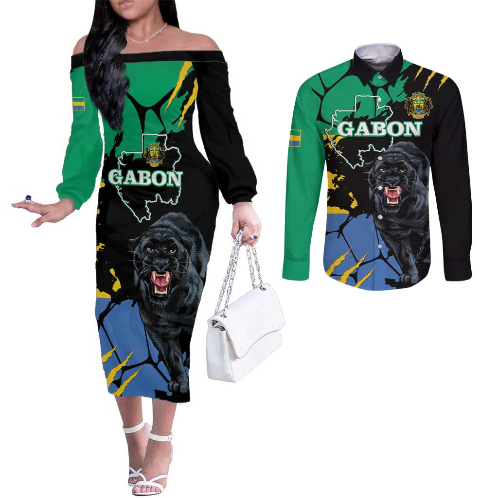 Personaliszd Gabon Couples Matching Off The Shoulder Long Sleeve Dress and Long Sleeve Button Shirt Gabonese Black Panther With Map