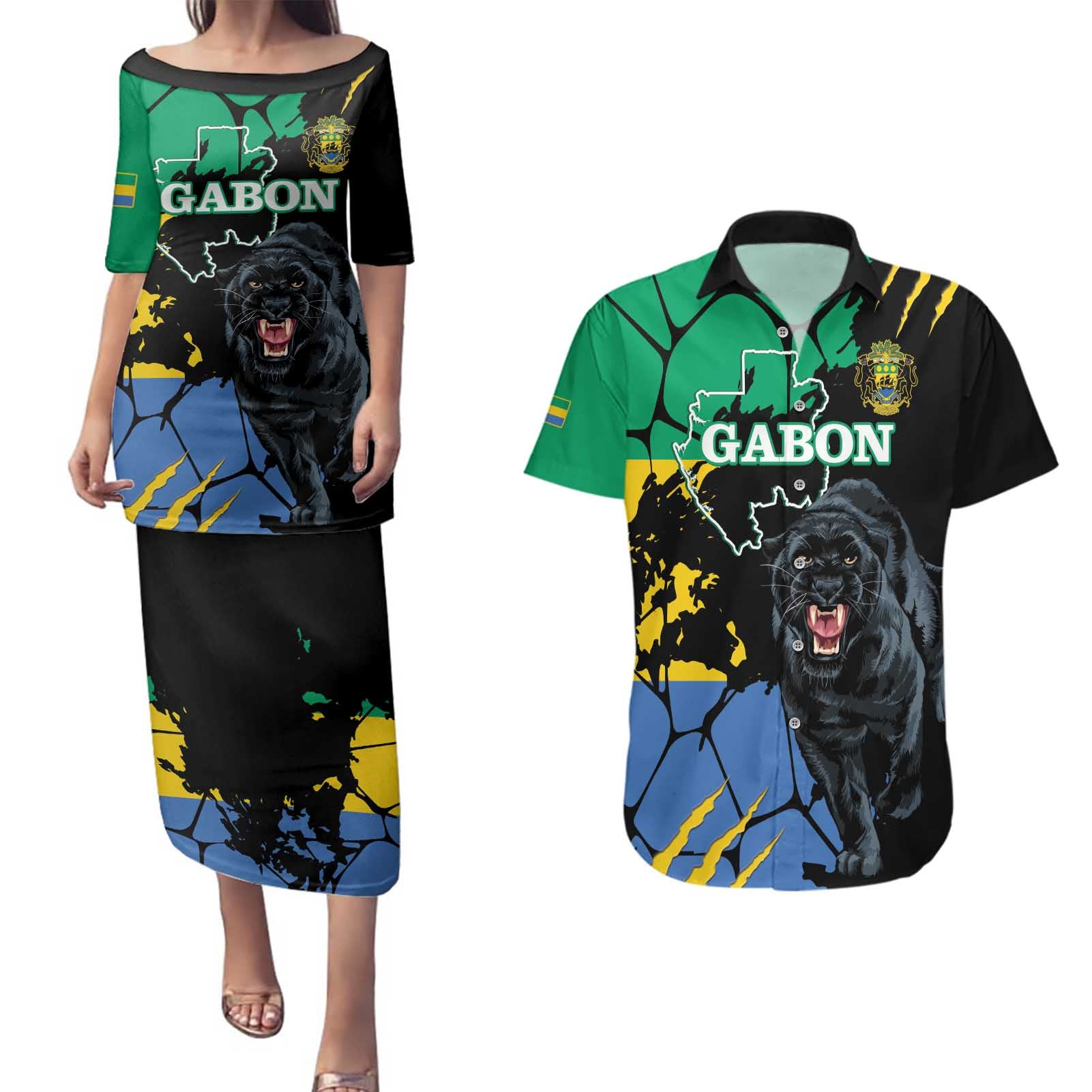 Personaliszd Gabon Couples Matching Puletasi and Hawaiian Shirt Gabonese Black Panther With Map - Wonder Print Shop